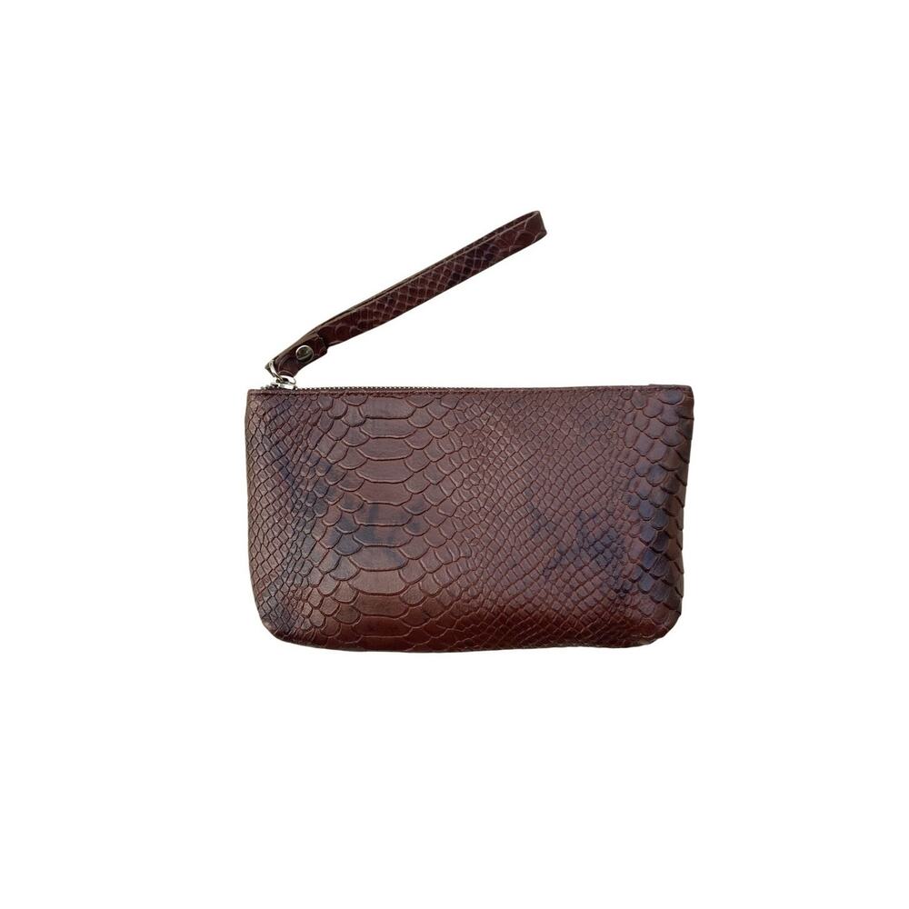 Valentina Made in Italy Brown Python Embossed Leather Cosmetic Pouch Wristlet